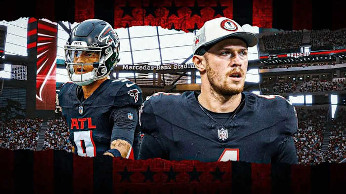 Atlanta Falcons quarterbacks Desmond Ridder (9) and Taylor Heinicke (4).